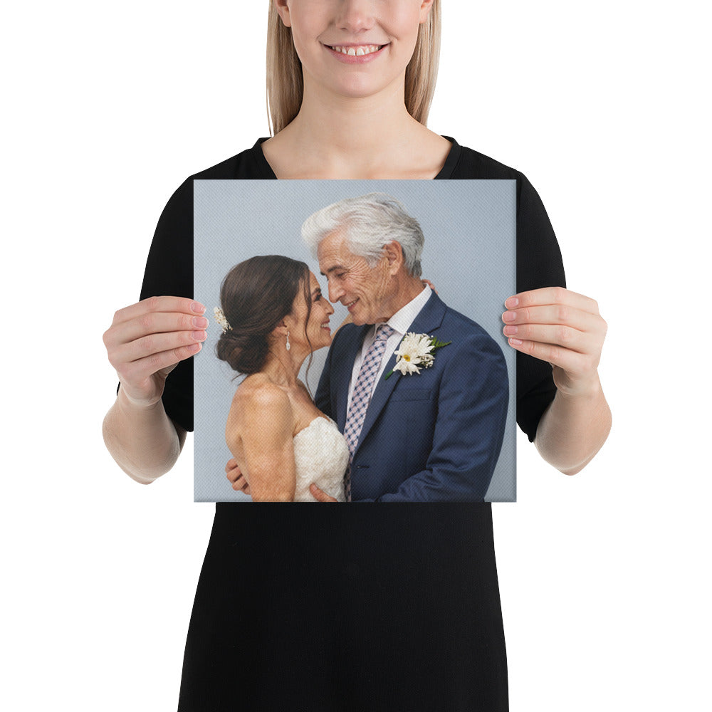 Person holding a photograph of a couple kissing