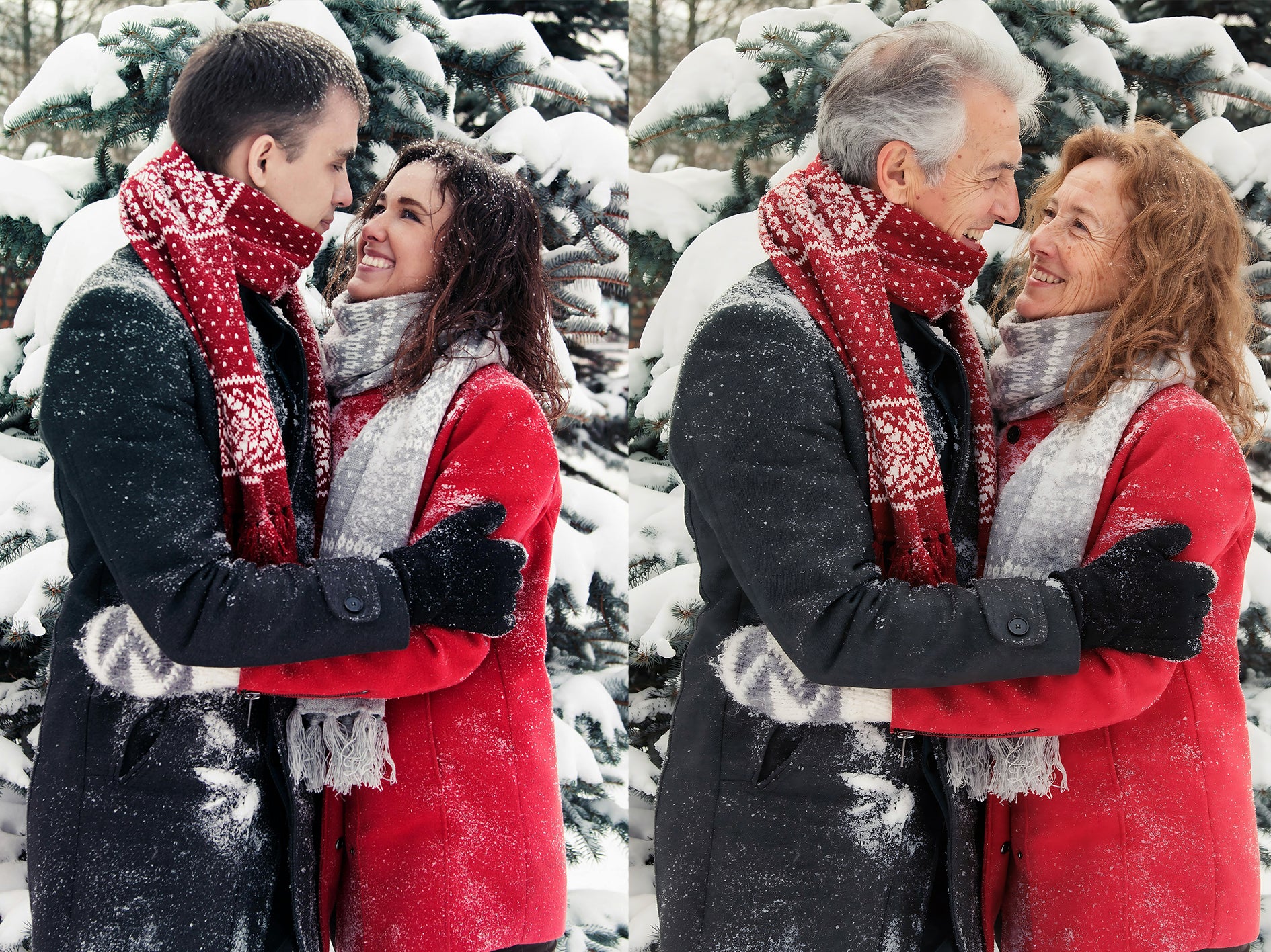 Two couples in winter clothing embracing in a snowy forest.