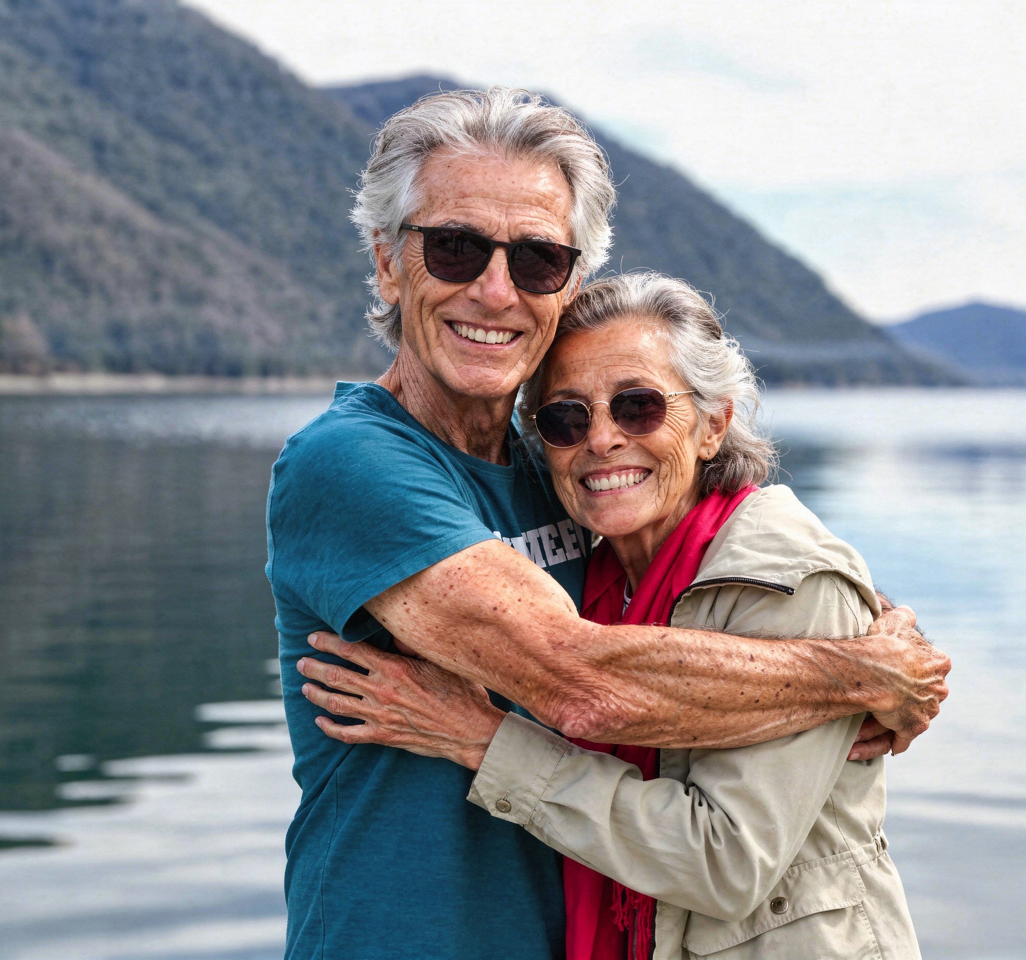 Two elderly people hugging by a lake with mountains in the background